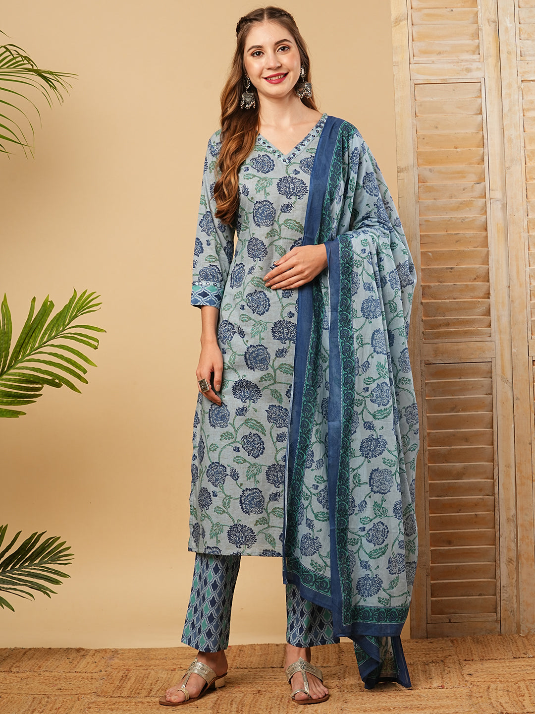 Floral Printed Mirror & Resham Embroidered Kurta with Pants & Dupatta - Blue