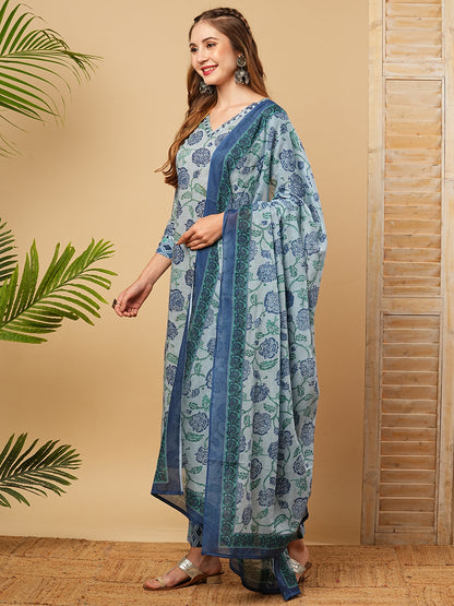 Floral Printed Mirror & Resham Embroidered Kurta with Pants & Dupatta - Blue