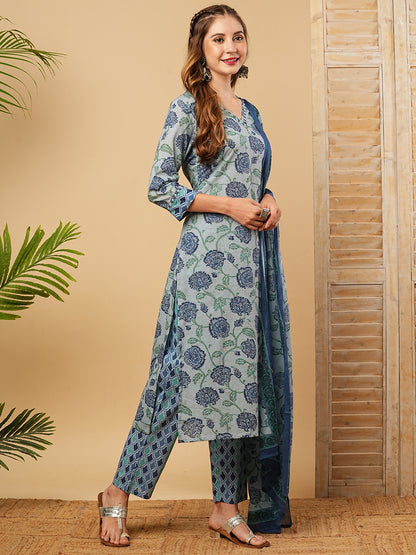 Floral Printed Mirror & Resham Embroidered Kurta with Pants & Dupatta - Blue