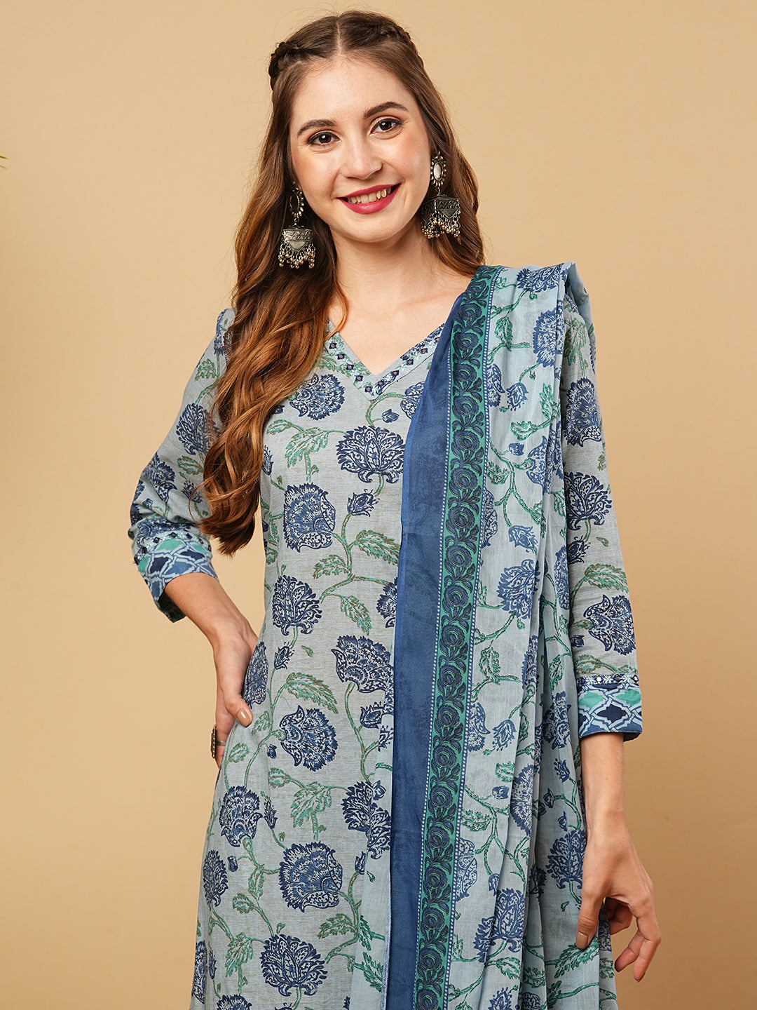 Floral Printed Mirror & Resham Embroidered Kurta with Pants & Dupatta - Blue