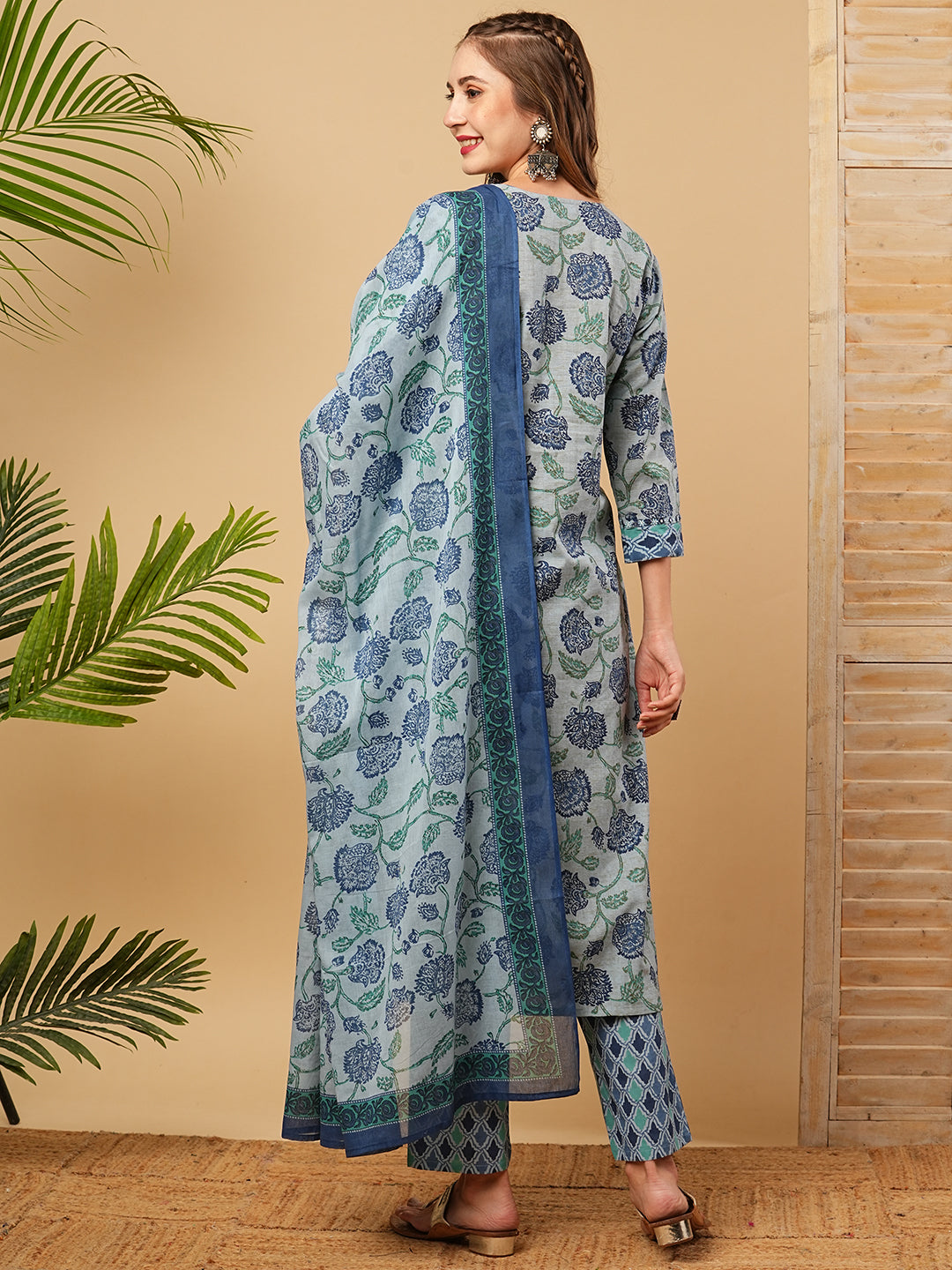 Floral Printed Mirror & Resham Embroidered Kurta with Pants & Dupatta - Blue