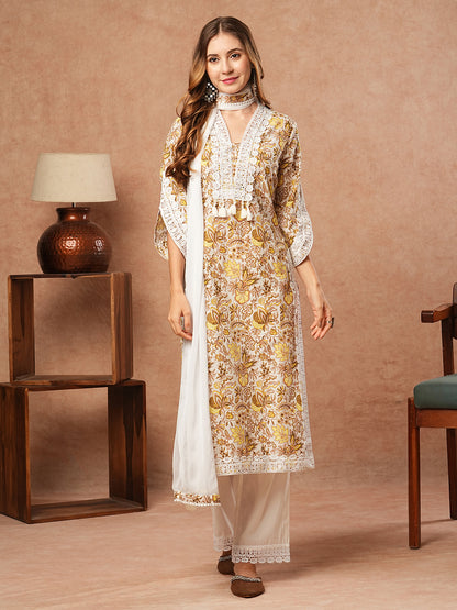 Floral Printed Straight Fit Kurta with Palazzo & Dupatta - White