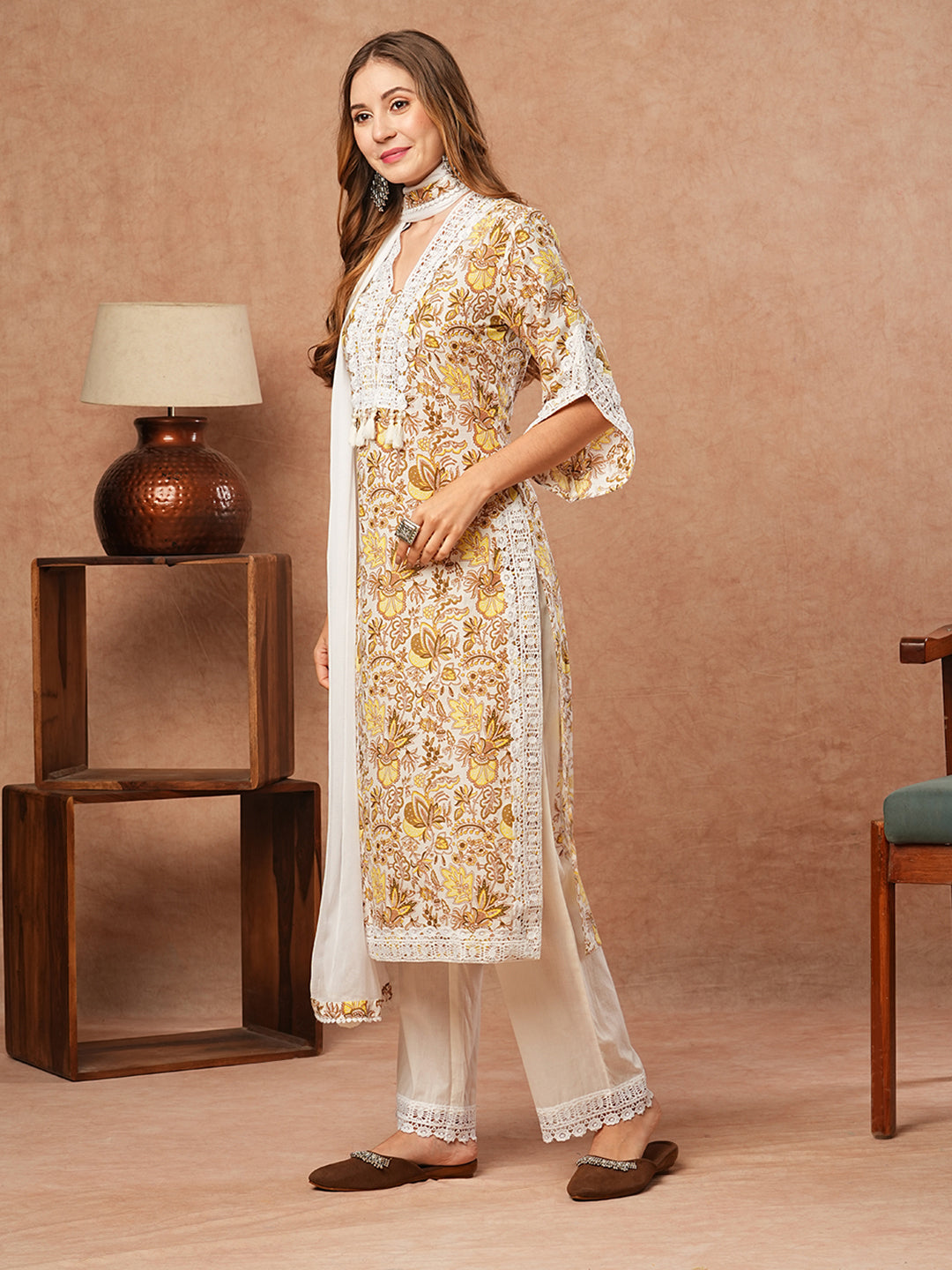 Floral Printed Straight Fit Kurta with Palazzo & Dupatta - White