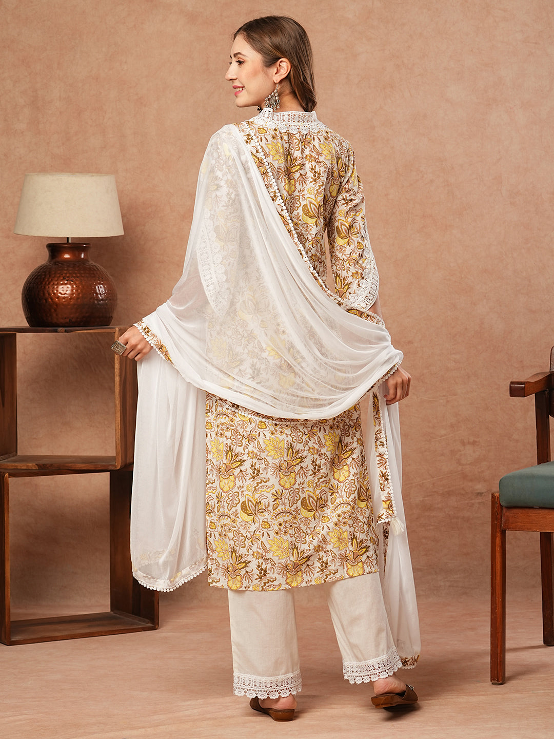 Floral Printed Straight Fit Kurta with Palazzo & Dupatta - White