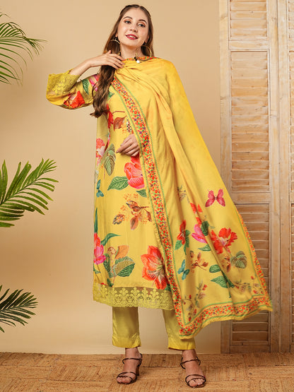 Floral Printed Mirror Embroidered Kurta with Pants & Dupatta - Yellow