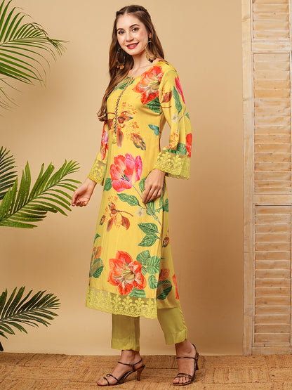 Floral Printed Mirror Embroidered Kurta with Pants & Dupatta - Yellow