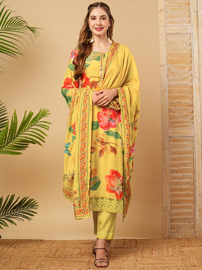 Floral Printed Mirror Embroidered Kurta with Pants & Dupatta - Yellow