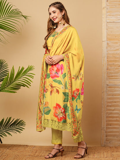 Floral Printed Mirror Embroidered Kurta with Pants & Dupatta - Yellow