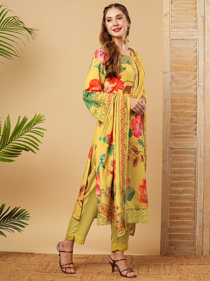 Floral Printed Mirror Embroidered Kurta with Pants & Dupatta - Yellow