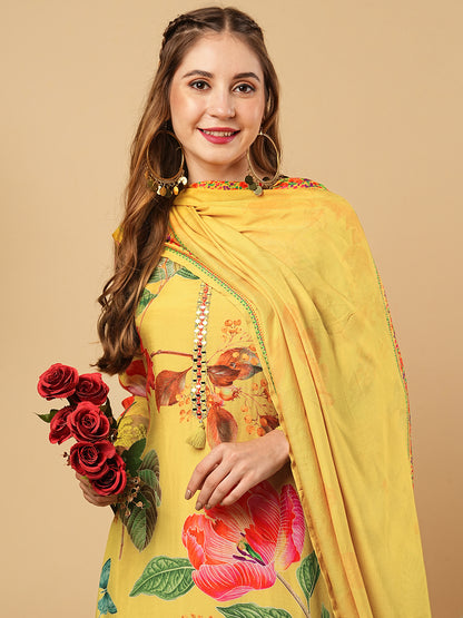 Floral Printed Mirror Embroidered Kurta with Pants & Dupatta - Yellow