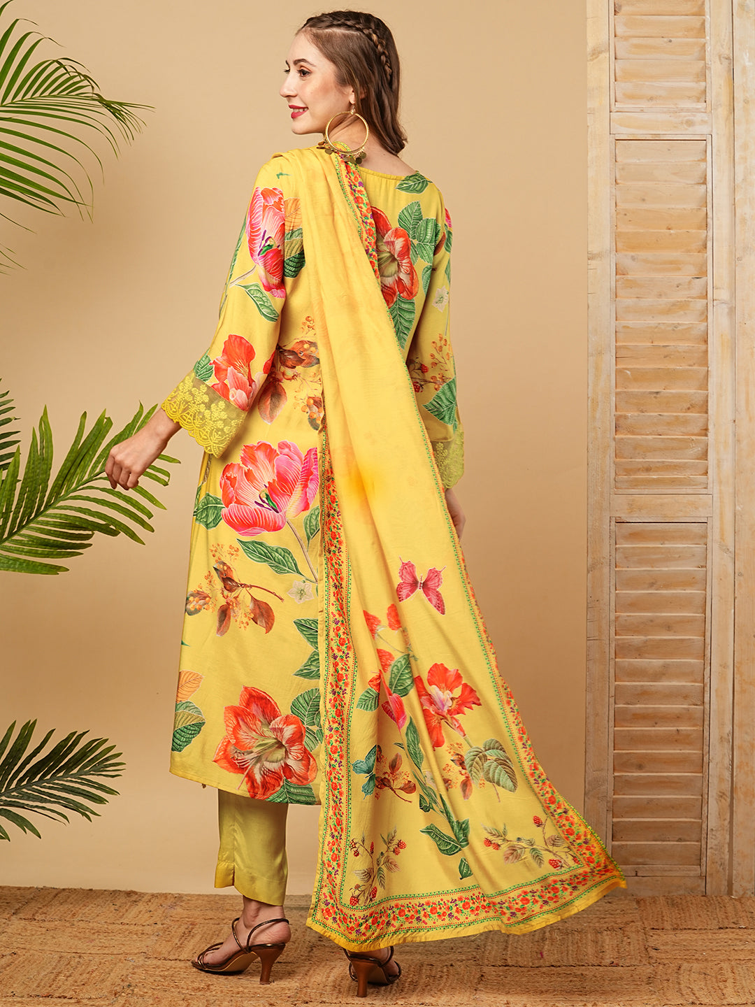 Floral Printed Mirror Embroidered Kurta with Pants & Dupatta - Yellow