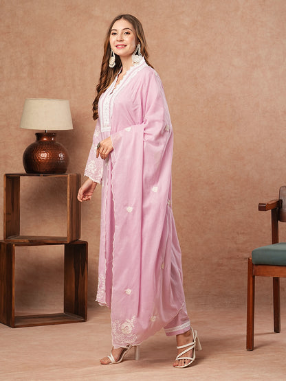 Floral Embroidered Straight Fit Kurta with Pant & Pure Cotton Dupatta - Lavender