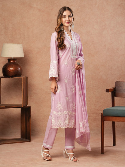 Floral Embroidered Straight Fit Kurta with Pant & Pure Cotton Dupatta - Lavender