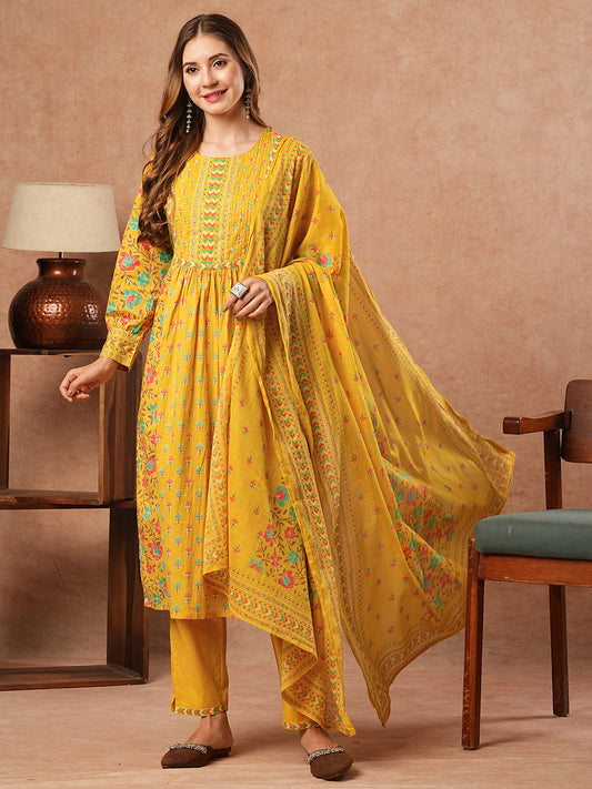 Floral Printed Sequins & Beads Embellished Pleated kurta with Pants & Dupatta - Yellow