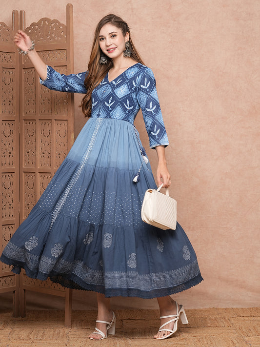 Ethnic & Floral Printed Embroidered A-Line Pleated Maxi Dress - Blue