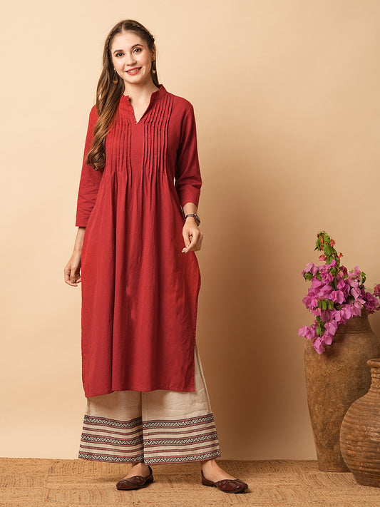 Solid Beads & Sequin Embroidered Pin Tucked Straight Fit Kurta - Maroon