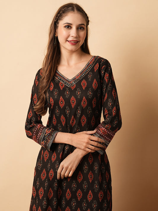 Abstract Printed Mirror, Resham & Sequins Embroidered Kurta - Coffee Brown