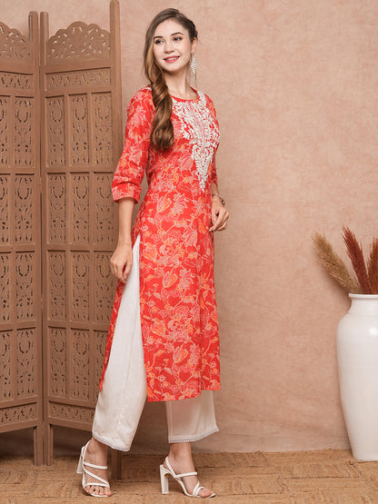 Floral Printed Resham & Sequins Embroidered Kurta - Red