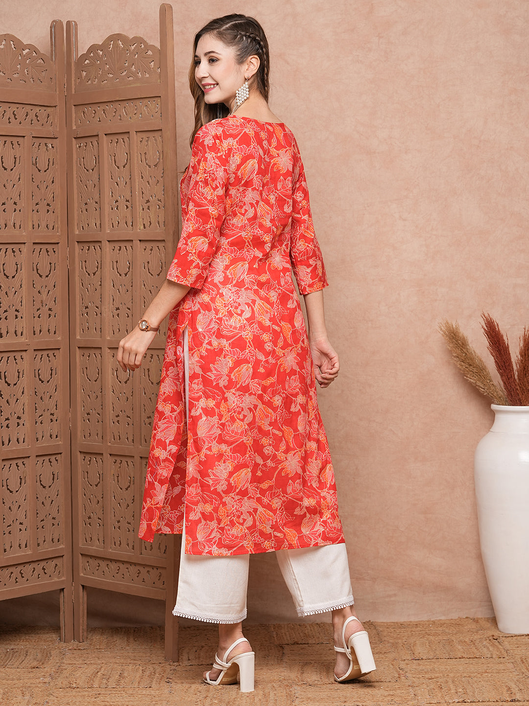 Floral Printed Resham & Sequins Embroidered Kurta - Red