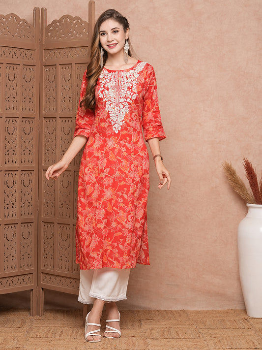 Floral Printed Resham & Sequins Embroidered Kurta - Red