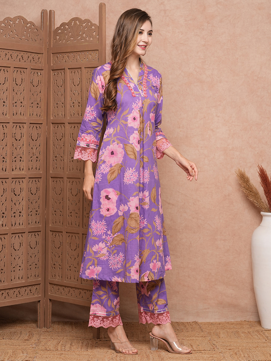 Floral Printed & Gota Highlighted A-Line Kurta with Palazzo - Purple