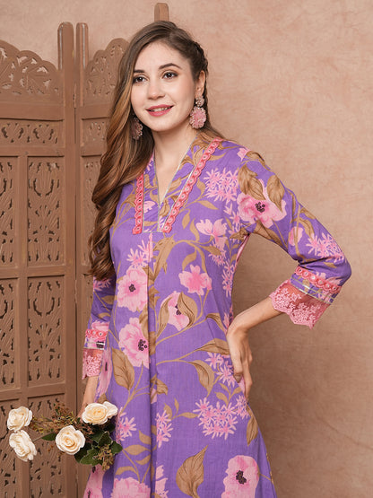 Floral Printed & Gota Highlighted A-Line Kurta with Palazzo - Purple