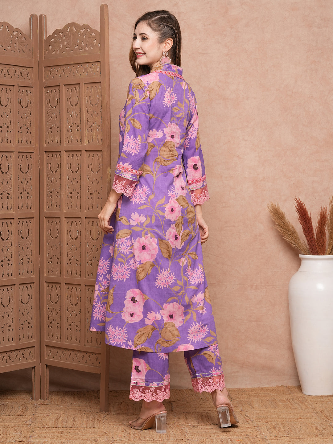 Floral Printed & Gota Highlighted A-Line Kurta with Palazzo - Purple