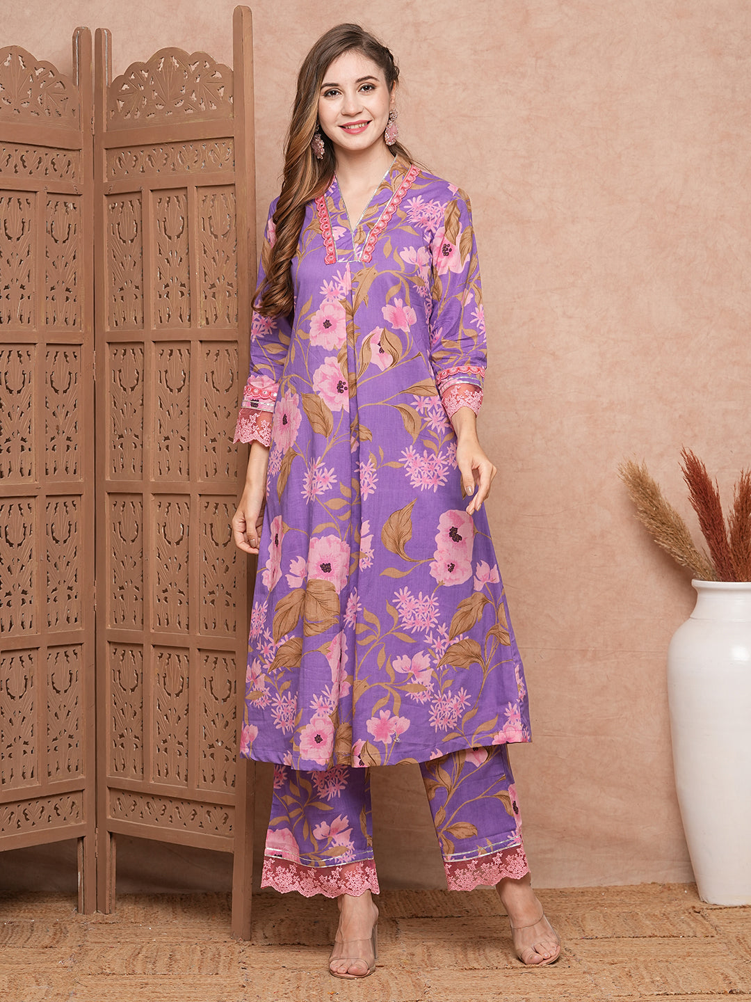 Floral Printed & Gota Highlighted A-Line Kurta with Palazzo - Purple