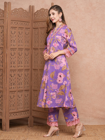 Floral Printed & Gota Highlighted A-Line Kurta with Palazzo - Purple