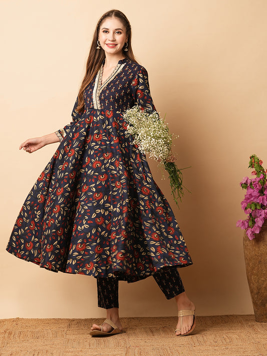 Ethnic Floral Printed & Embroidered A-Line Flared Kurta with Pant - Navy Blue