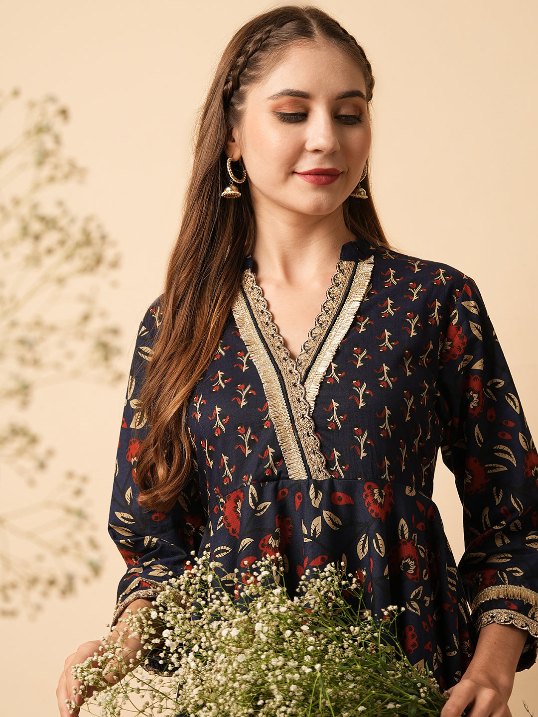 Ethnic Floral Printed & Embroidered A-Line Flared Kurta with Pant - Navy Blue