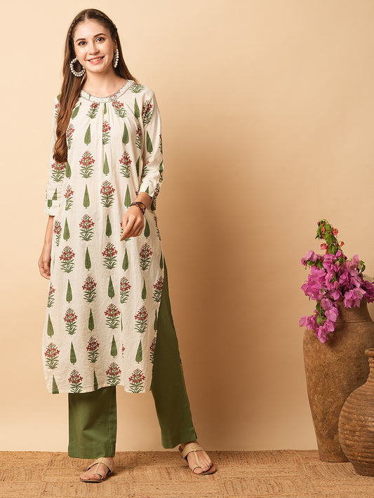 Floral Printed Mirror, Zari & Sequins Embroidered Kurta with Pants - Off White