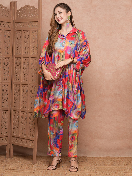 Abstract Printed Sequins Embellished Kaftan Style Kurta with Pants Co-ord Set - Multi
