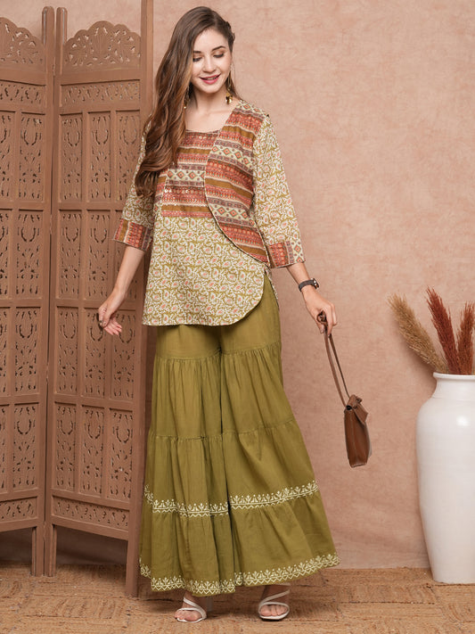 Ethnic Printed & Embroidered Top with Short Jacket & Flared Solid Skirt - Mustard Green