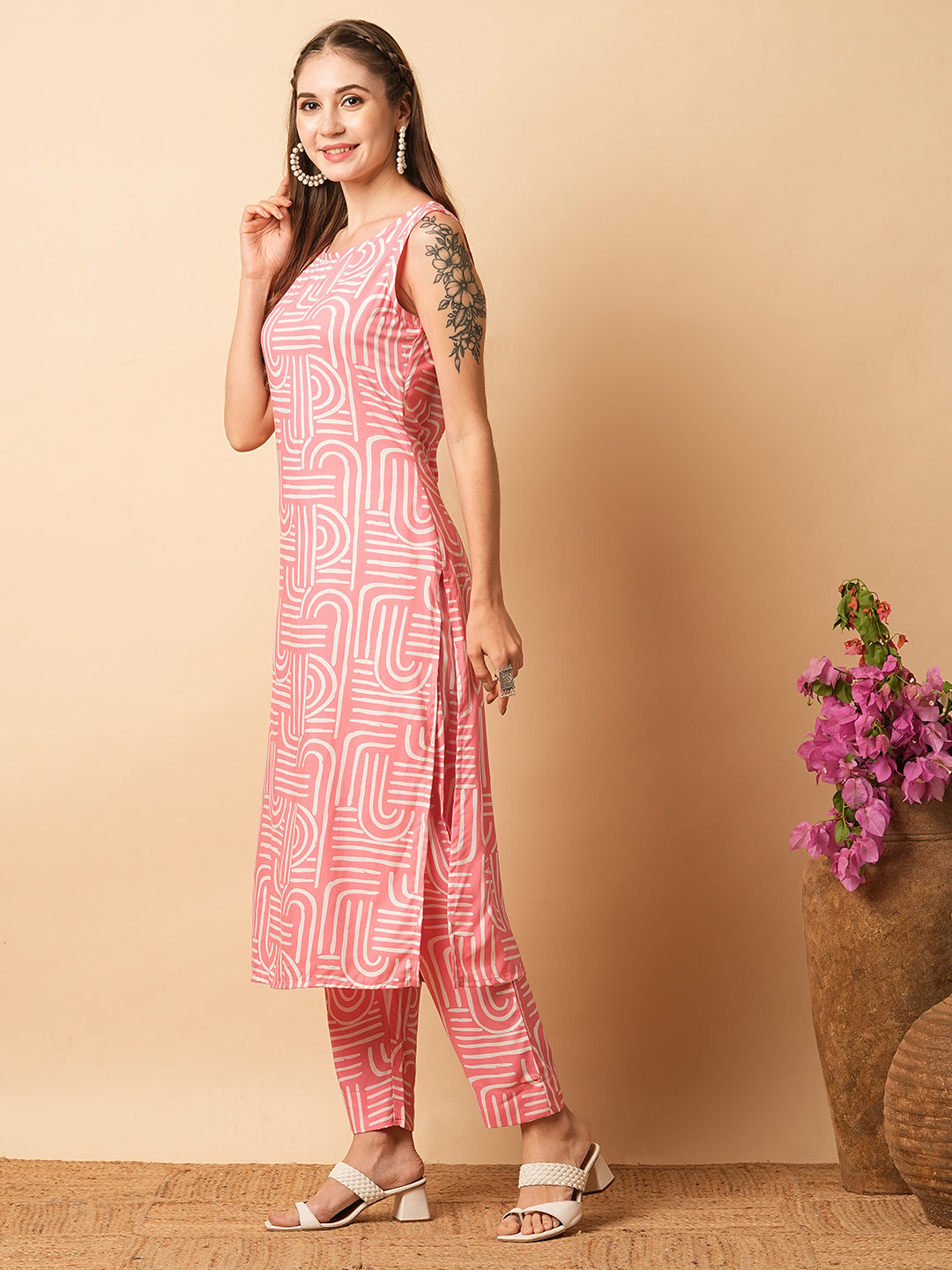 Abstract Geometric Printed Straight Fit Co-ord Set - Pink