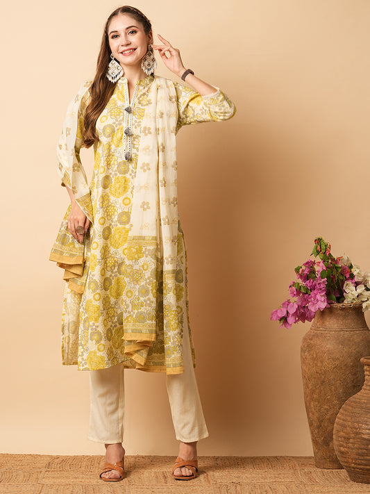 Floral Printed Mirror Embroidered Taseled Kurta with Pants & Duppatta - Lime Yellow