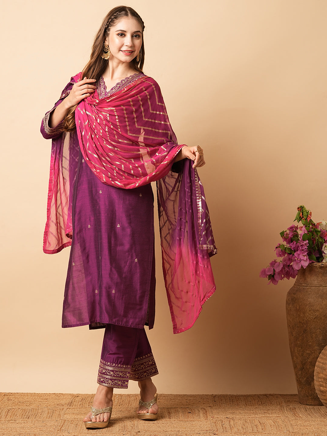 Solid Zari Embroidered Kurta with Pants & Shaded Dupatta - Magenta