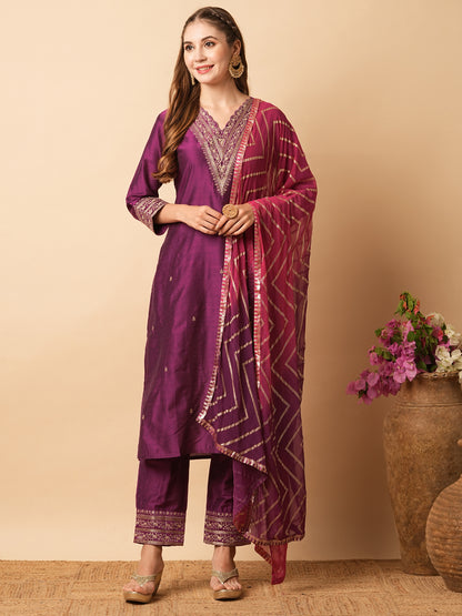 Solid Zari Embroidered Kurta with Pants & Shaded Dupatta - Magenta