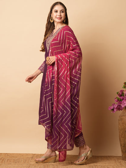 Solid Zari Embroidered Kurta with Pants & Shaded Dupatta - Magenta