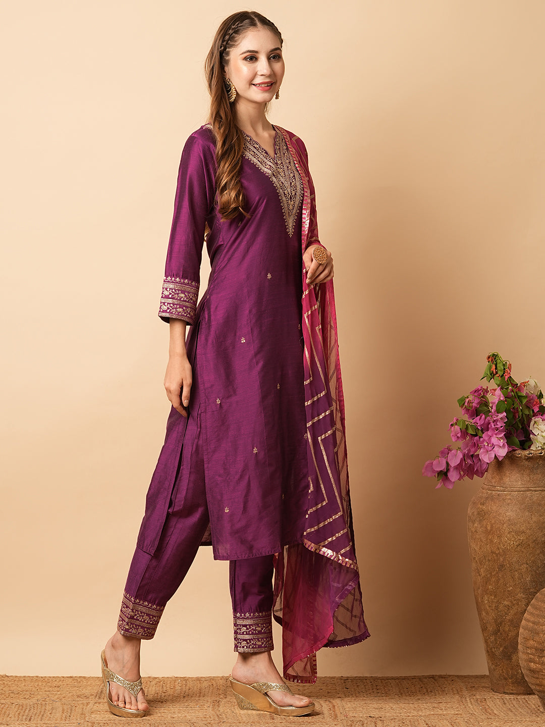 Solid Zari Embroidered Kurta with Pants & Shaded Dupatta - Magenta