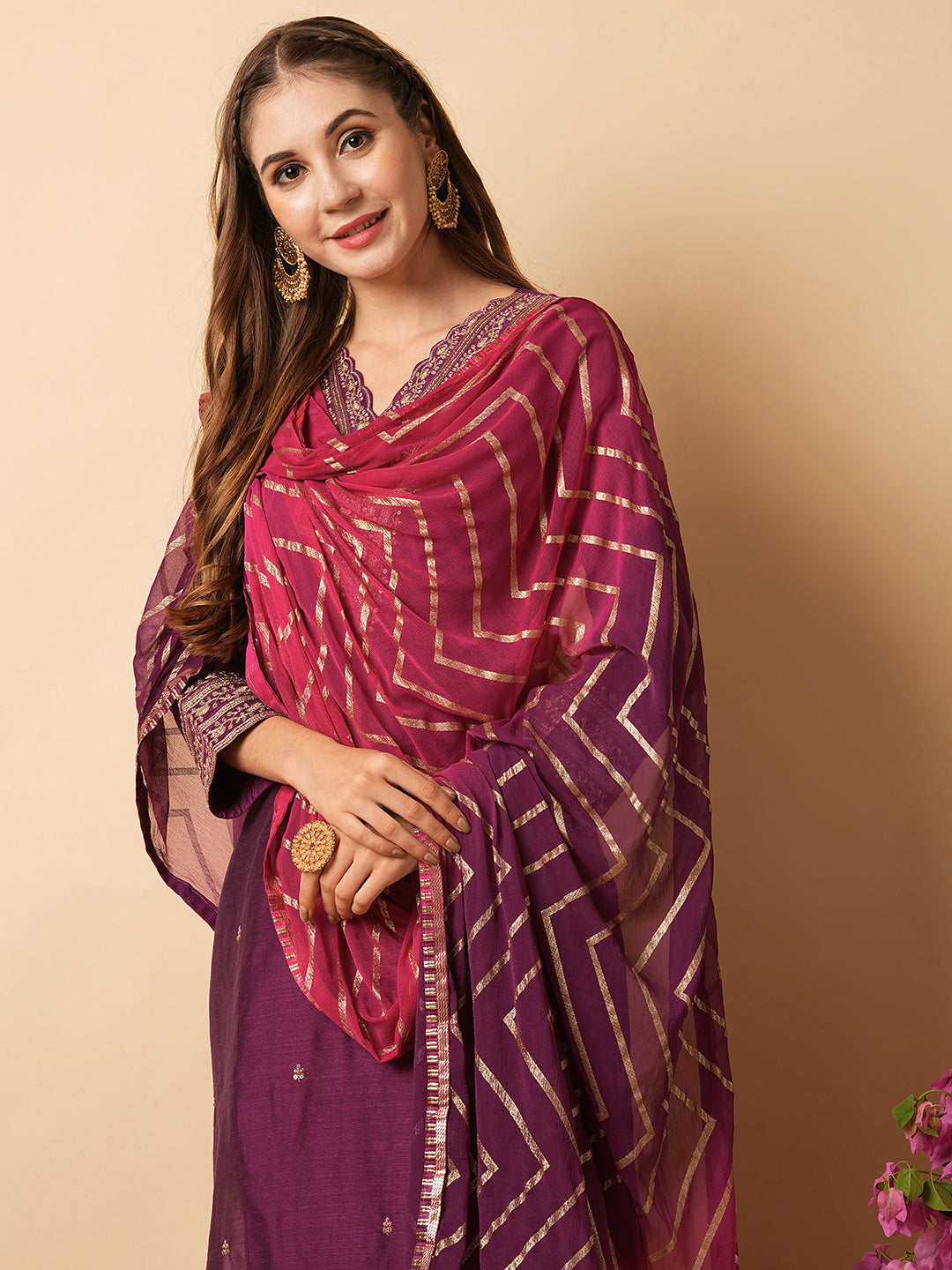 Solid Zari Embroidered Kurta with Pants & Shaded Dupatta - Magenta