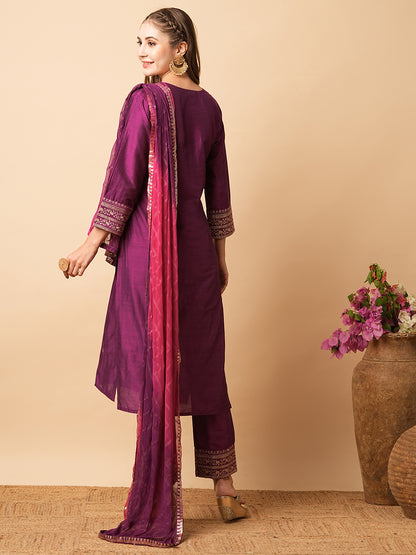 Solid Zari Embroidered Kurta with Pants & Shaded Dupatta - Magenta