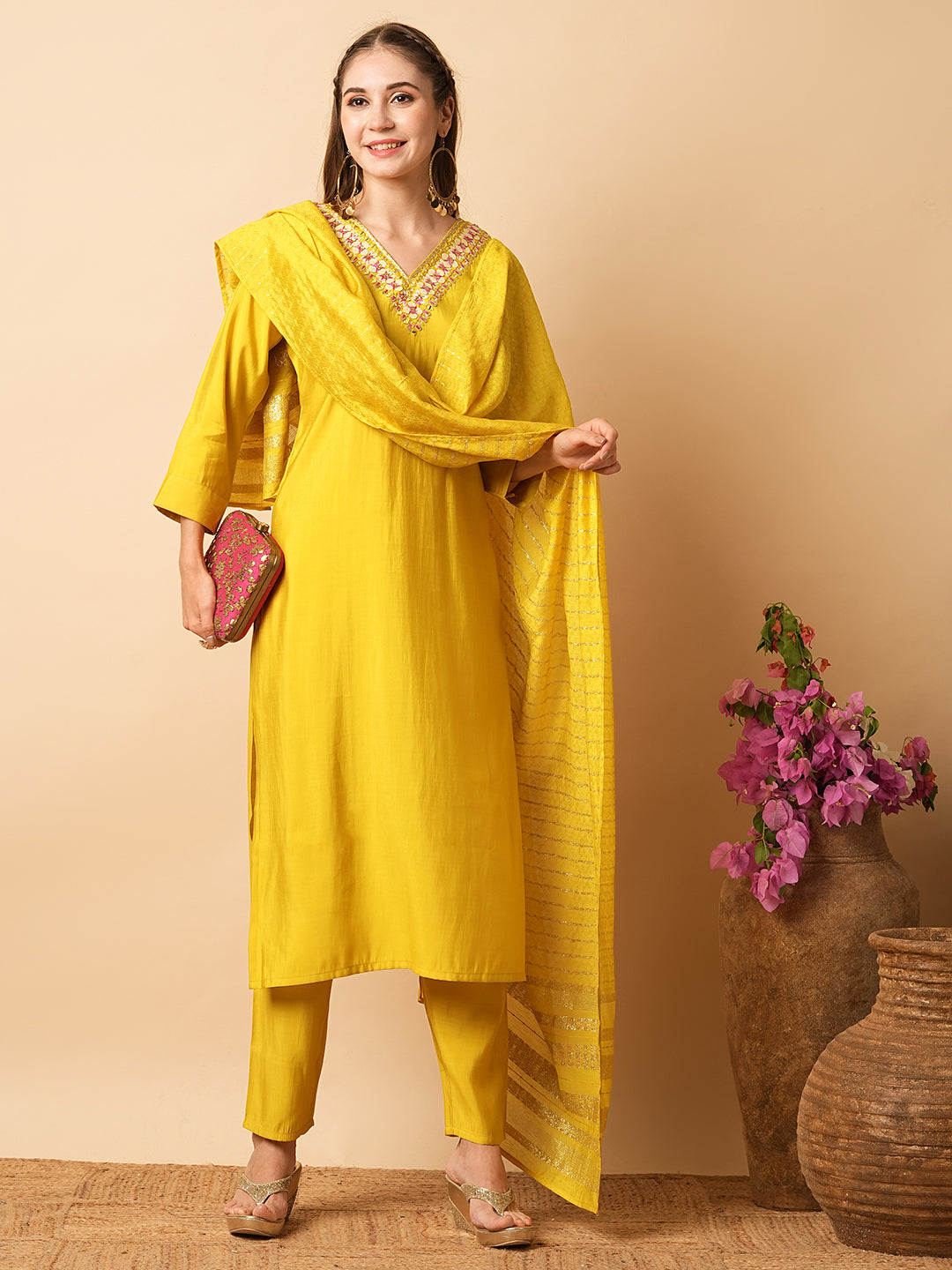 Solid Mirror, Tikki & Resham Embroidered Kurta with Pants & Zari Jacquard Dupatta - Yellow