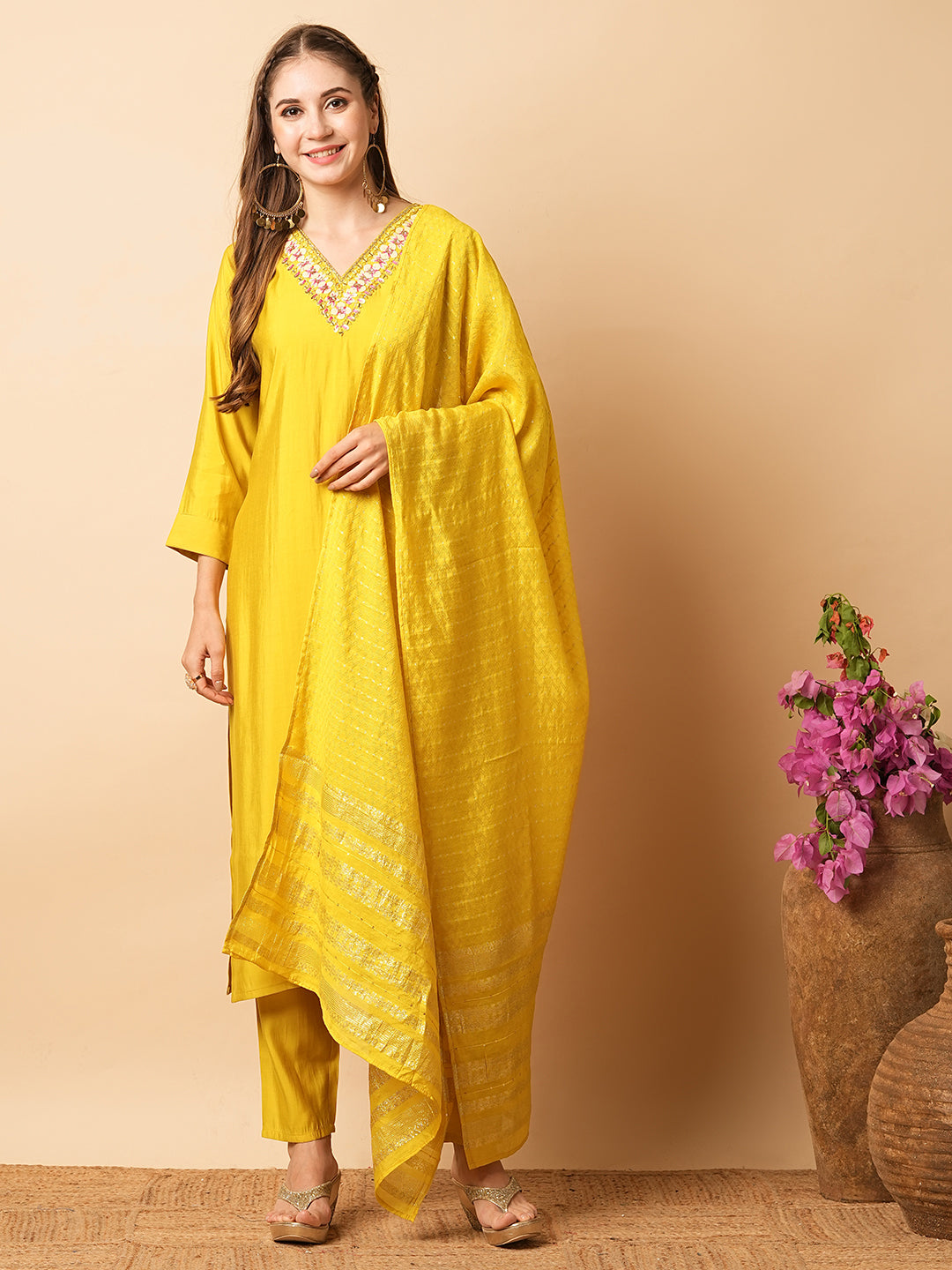 Solid Mirror, Tikki & Resham Embroidered Kurta with Pants & Zari Jacquard Dupatta - Yellow