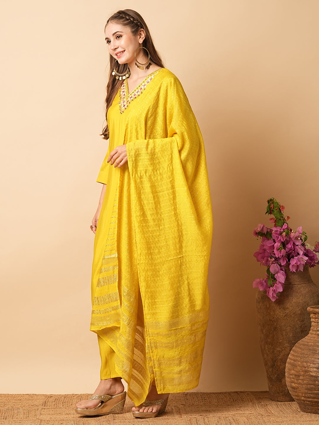 Solid Mirror, Tikki & Resham Embroidered Kurta with Pants & Zari Jacquard Dupatta - Yellow