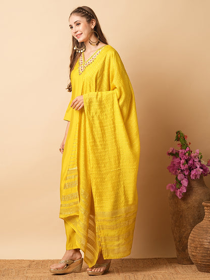 Solid Mirror, Tikki & Resham Embroidered Kurta with Pants & Zari Jacquard Dupatta - Yellow