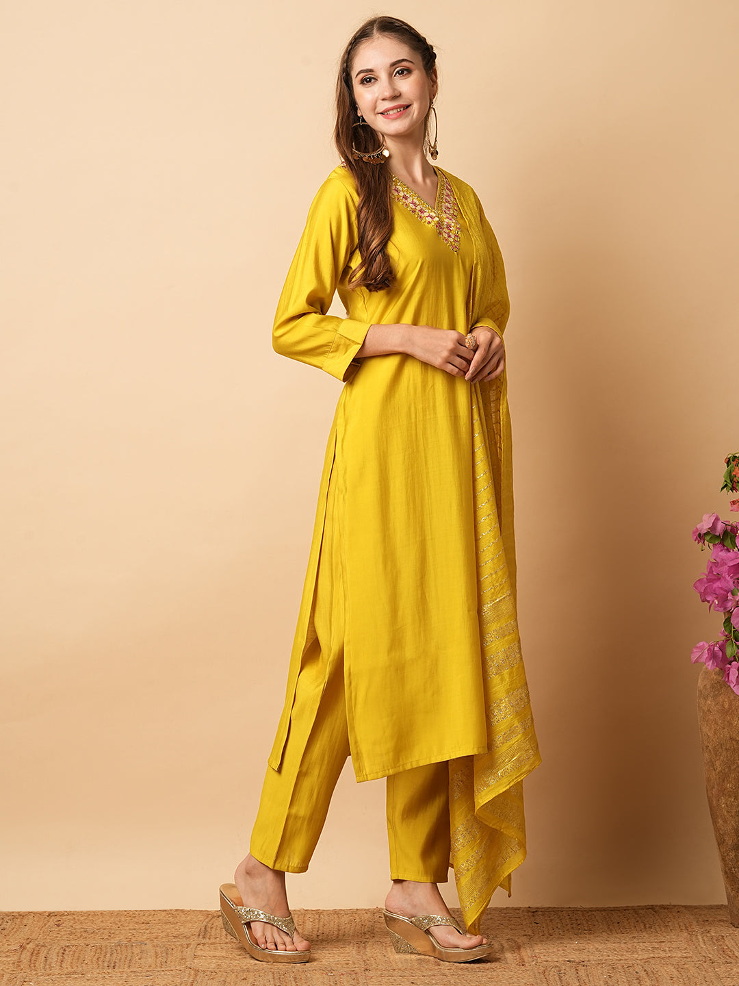 Solid Mirror, Tikki & Resham Embroidered Kurta with Pants & Zari Jacquard Dupatta - Yellow