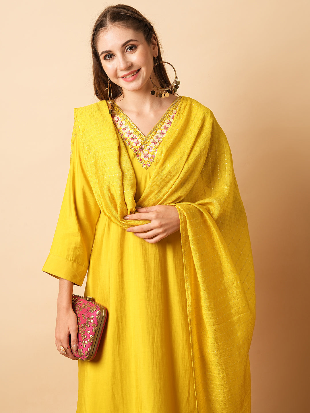 Solid Mirror, Tikki & Resham Embroidered Kurta with Pants & Zari Jacquard Dupatta - Yellow