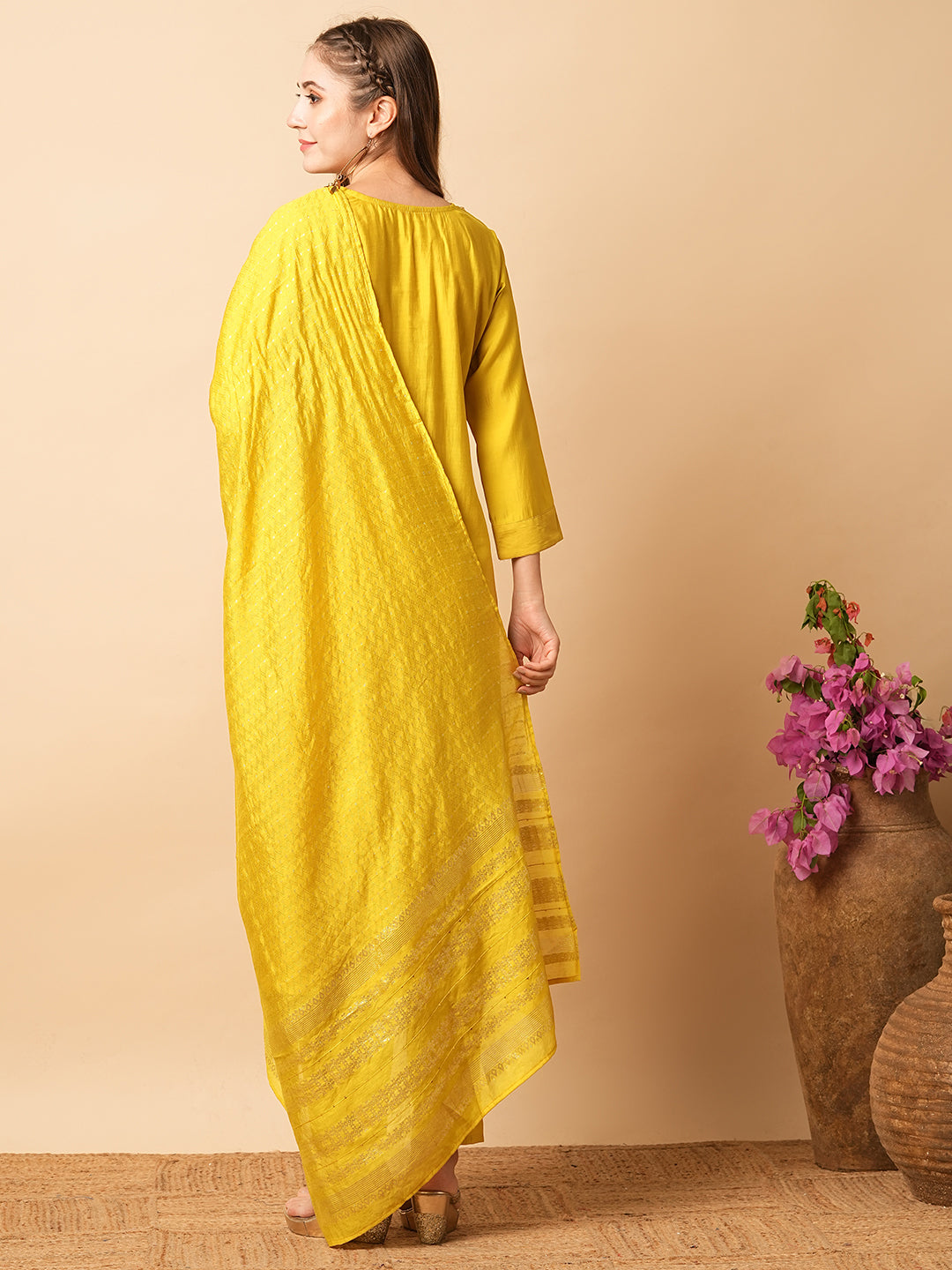 Solid Mirror, Tikki & Resham Embroidered Kurta with Pants & Zari Jacquard Dupatta - Yellow