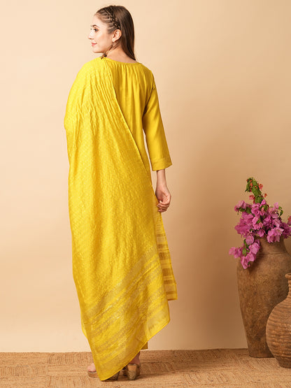 Solid Mirror, Tikki & Resham Embroidered Kurta with Pants & Zari Jacquard Dupatta - Yellow